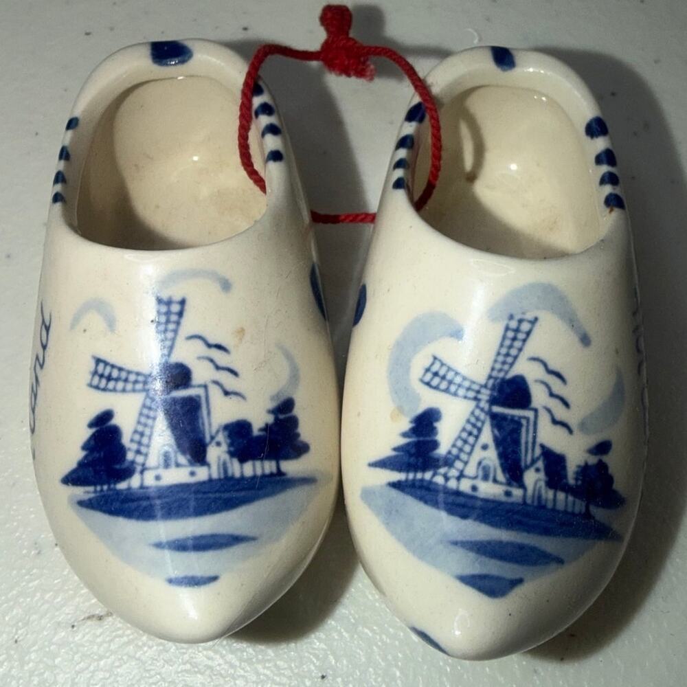 Vintage Delft Blue Holland Ceramic Wooden Shoe Clogs Pair Windmill Decor
